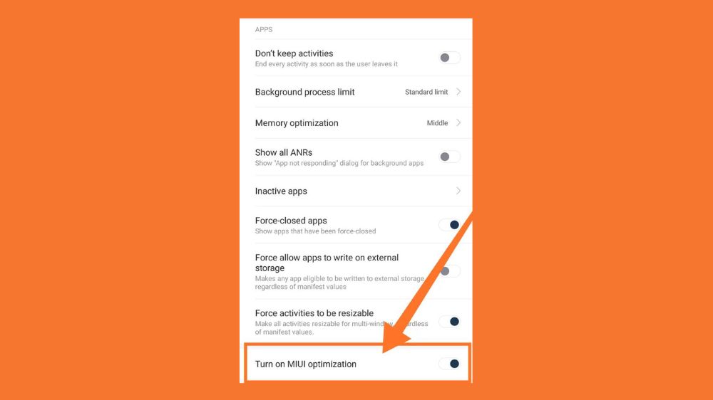 اسکرین‌شات از تنظیمات مربوط به غیرفعال‌سازی ویژگی MIUI Optimization