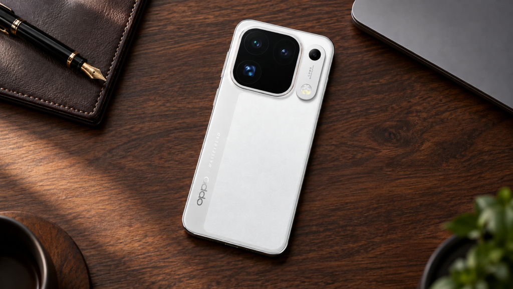 اوپو Find X10 Pro Max سفید روی میز مدیریتی چوبی، کنار لپتاپ و دفتر چرمی