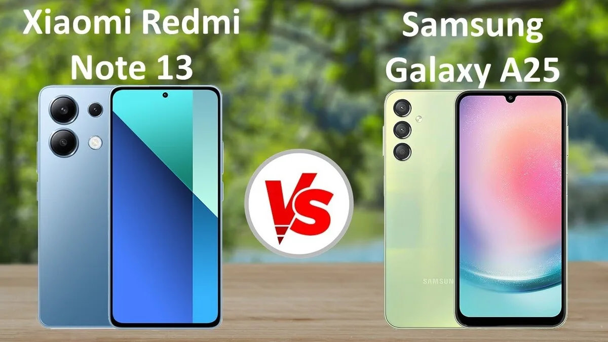 گوشی ردمی نوت 13 شیائومی آبی رنگ در سمت چپ و گلکسی a25 سامسونگ سبز رنگ در سمت راست