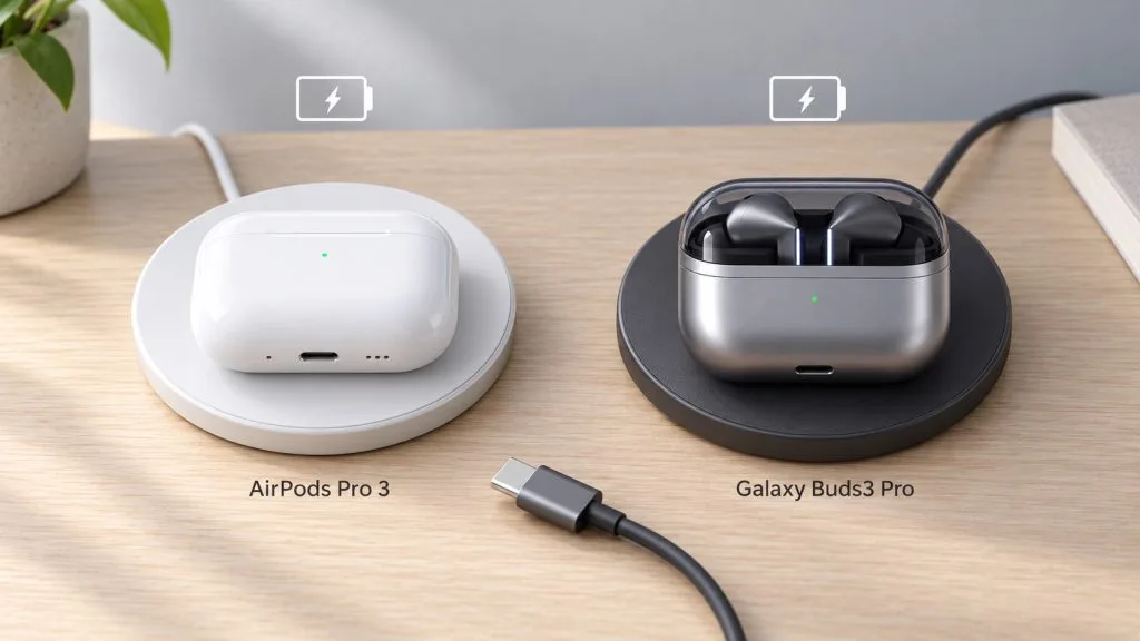 کیس ایرپاد پرو ۳ و گلکسی بادز ۳ پرو روی شارژرهای بیسیم در کنار کابل USB-C